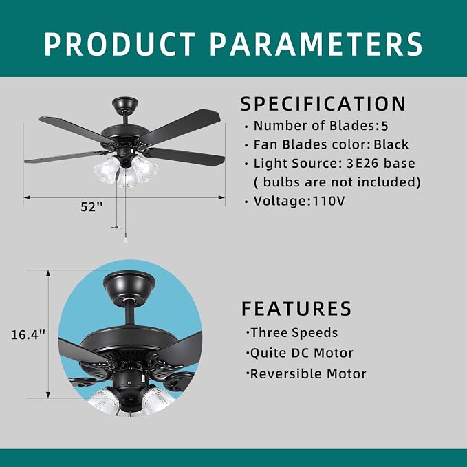 52 Inch Indoor Ceiling Fan with Pull-Chain and LED Light Bulbs Base, Traditional 3-Speeds Reversible Blades Ceiling Fan (Black)