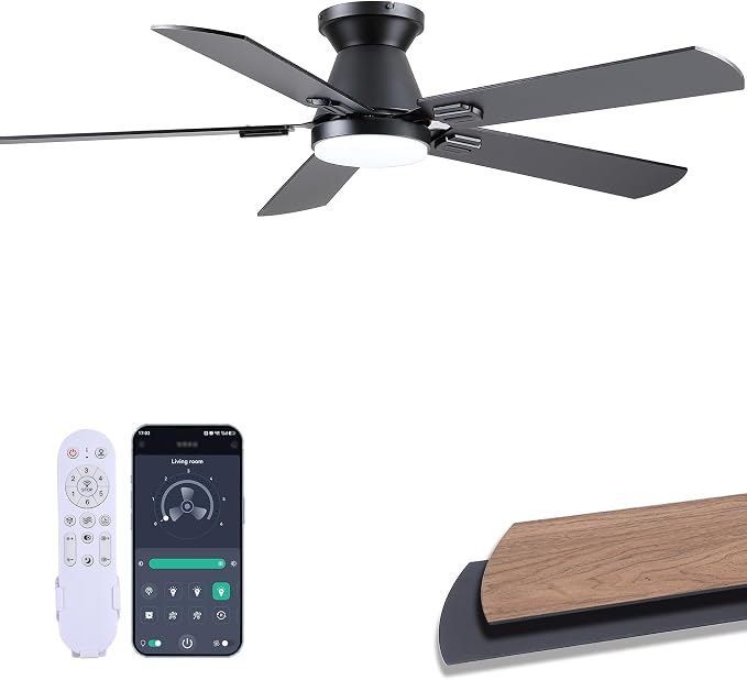 Ceiling Fans with Lights, 52 inch Low Profile Ceiling Fan with Light and Remote/APP Control, Dimmable, Quiet DC Motor, Flush Mount Ceiling Fan for Bedroom Living Room, Indoor/Outdoor Use, Black