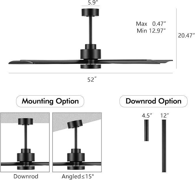 ELEHINSER 52" Modern Ceiling Fan with Light and Remote Control, 5 Solid Wood Blades 6-Speed Noiseless Reversible DC Motor, Ceiling Fan for Bedroom Dinning Living Room, Black