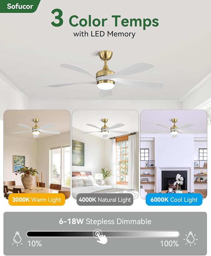 Sofucor 52 Inch Ceiling Fans with Lights and Remote, Outdoor Ceiling Fan with Light 6-Speed 3 CCT 3-Timer, Modern Low Profile Ceiling Fan 5 Blade Reversible DC Motor for Living Room Bedroom Patio