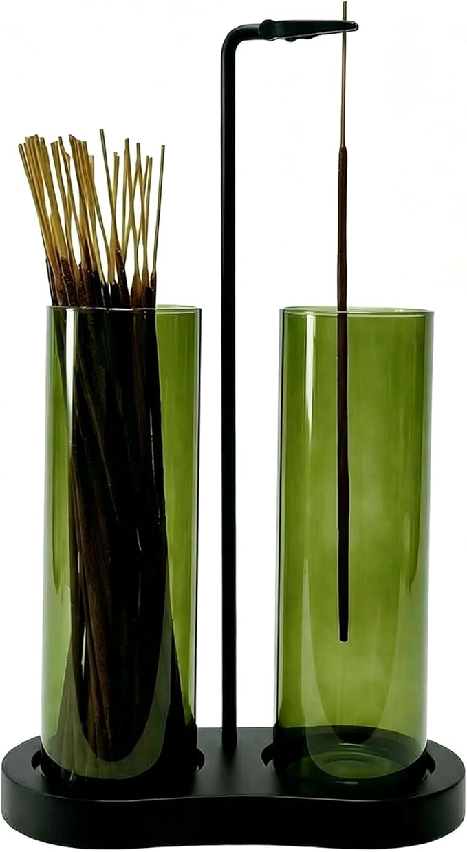Green Glass Incense Holder, Incense Sticks Holder Burner with Storage,Hang Upside Down Incense Holder for Sticks with Glass Ash Catcher for Meditation Yoga Spa Room Decor (Green)