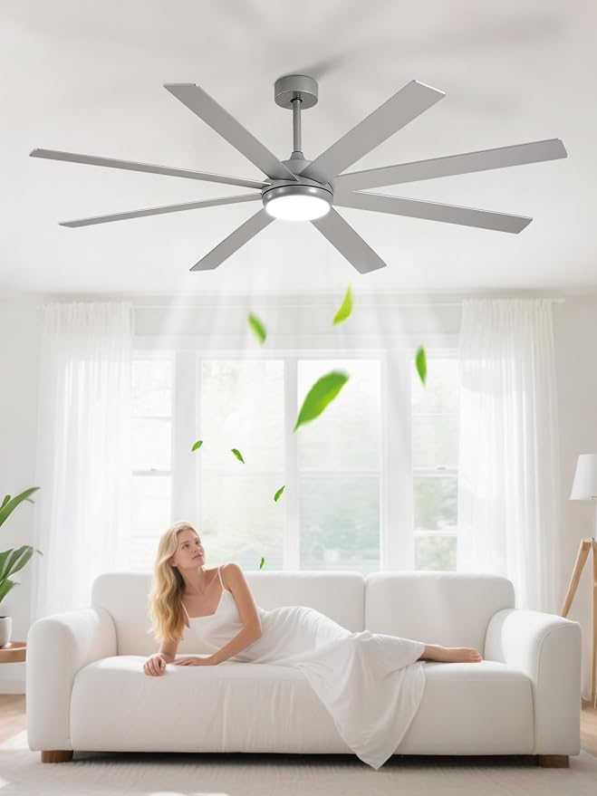 Depuley 66" Ceiling Fans with Lights: Large Indoor/Outdoor Ceiling Fan for Patios Living Room - 8 Blades Silver Dimmable Ceiling Fans with Remote APP Control Timer Reversible Quiet DC Motor 6 Speeds