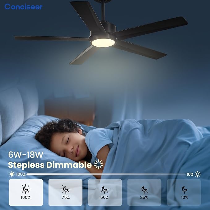 Conciseer Modern Ceiling Fans with Lights,52 Inch Ceiling Fans with Remote for Bedroom Living Room Kitchen, 18W 6CCT Dimmable，5 Blades 6 Speed Reversible Quiet DC Motor Black