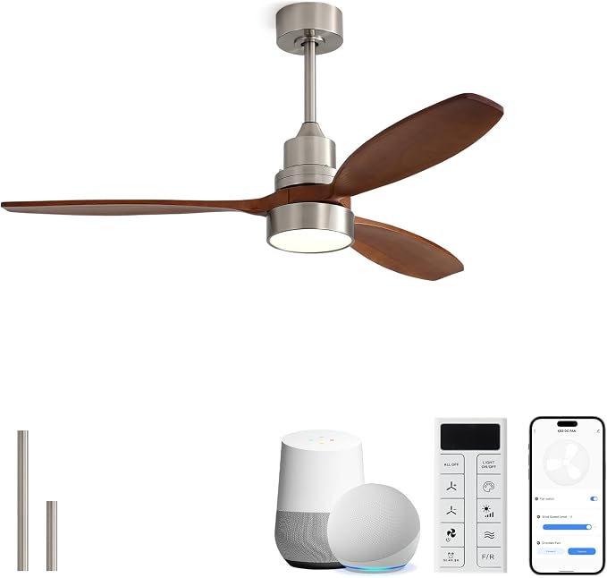 Sofucor 52 Inch Wood Smart Ceiling Fans with Lights and Remote, Works with App/Alexa/Google, 6-Speed Outdoor Ceiling Fan with Light, 3 Blade Ceiling Fan, Quiet DC Motor for Living Room Patio