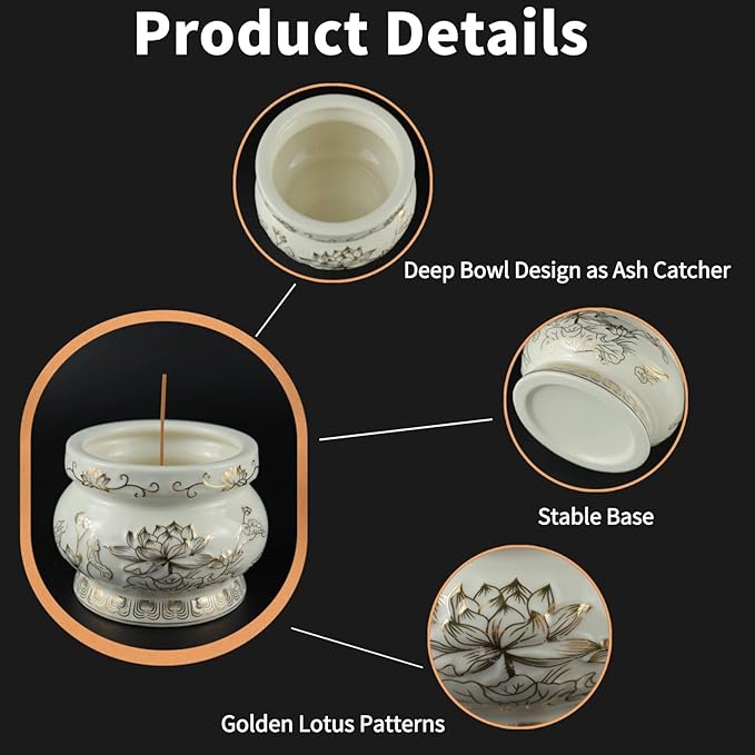 Ceramic Incense Burner Pot, Small Incense Bowl with Sticks and Brass Stand, Decorative Lotus Incense Holder Censer for Meditation Praying Buddha 4 Inch