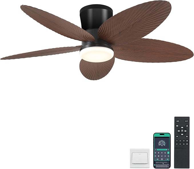 Surtime Palm Leaf Ceiling Fans with Lights-42 Tropical Ceiling Fan with Light and Remote/APP Control,Flush Mount Low Profile Ceiling Fans for Bedroom,Indoor/Outdoor Patio Use(Brown)