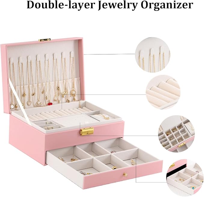 GUOER Jewelry Organizer Box for Women - Large PU Leather Jewelry Organizer Storage Case with Two Layers Display for Earrings Bracelets Rings Watches (Pink) | Vintage Quilting Stitching PU Leather, Earrings Bracelets Rings Necklace Watches Storage Large...