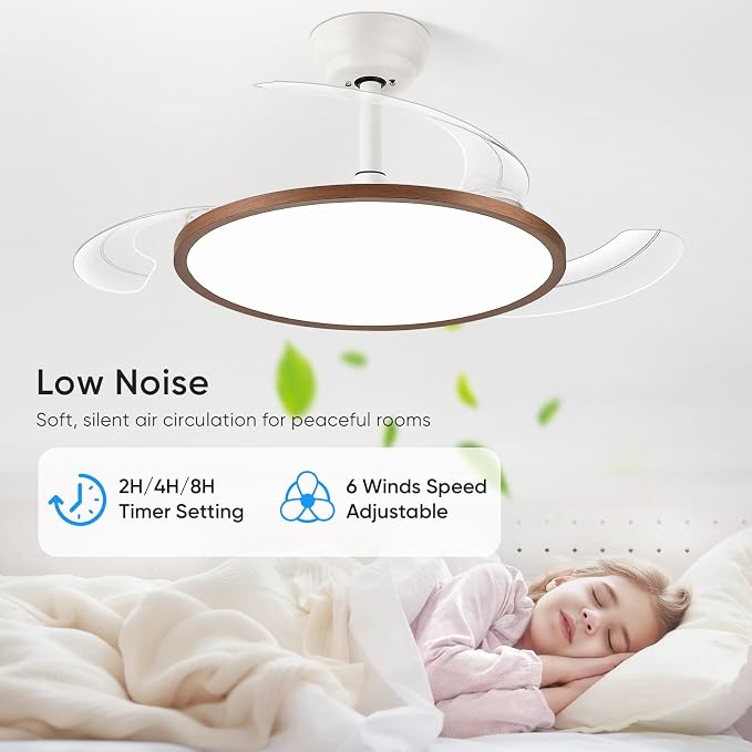 42 Inch Retractable Ceiling Fan with Lights, Fandelier Ceiling Fan for Bedroom Living Room Dinning Room, Chandelier with Fan 6 Speed, 3 Color Temperature, Reversible DC Motor-White