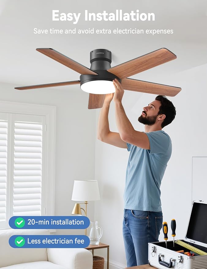 AKOFUN Ceiling Fans with Lights and Remote, Low Profile Ceiling Fan with Light, 6 Speed, Dimmable, DC Motor, Quiet, Timer, Modern LED Ceiling Fan for Bedroom Living Room 44 inch, Black