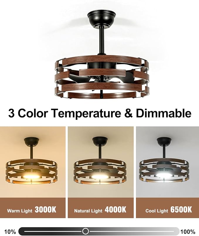 Roomratv Farmhouse Fandelier Ceiling Fan with Lights, 20'' Caged Bladeless Ceiling Fan with Remote, Enclosed Small Fan Light Fixtures for Bedroom Living Room