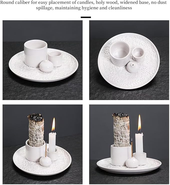 Incense Burner, Sage Palo Santo Candle Sticks Holder for Burning with Ash Catcher Tray, Handmade Ceramic Multi-Use Aromatherapy Tray for Meditation, Yoga, Home Decor (White)