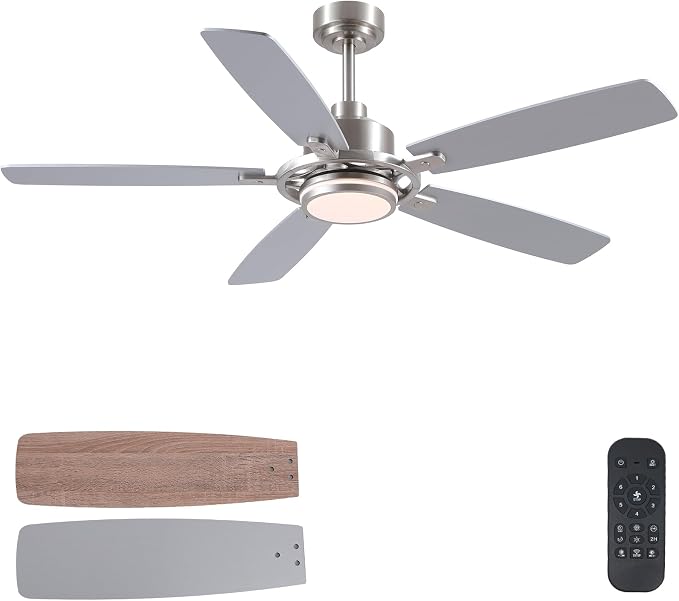 SHIHOT 54" Silver Ceiling Fans with Lights and Remote for Bedroom Kitchen | 6 Wind Speeds, Reversible, Dimmable 3 Light Colors LED Light, 30W Noiseless DC Motor,5 Double-Sided Blades,2H Timer