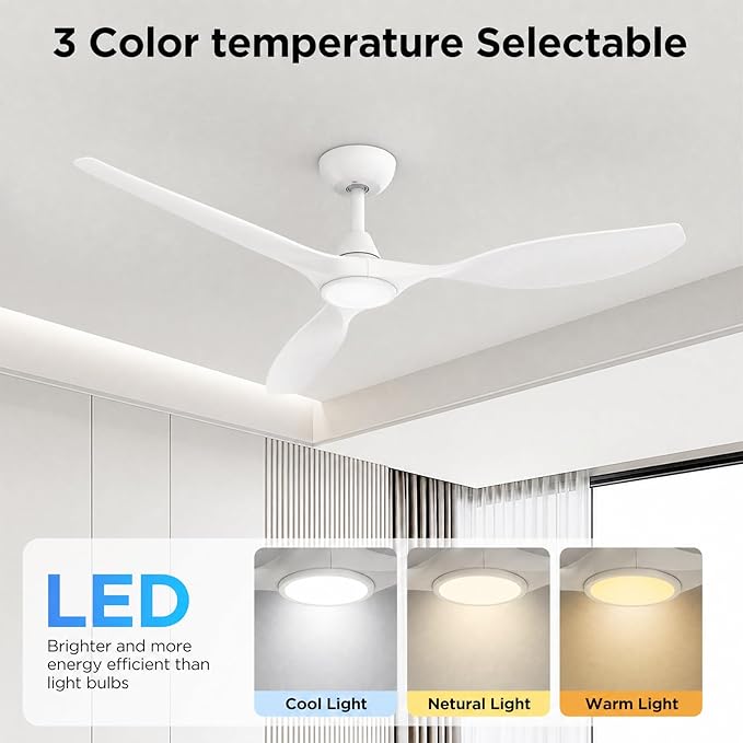 Roomratv Ceiling Fans with Lights and Remote Control,Quiet Noiseless Reversible DC Motor,6 Speeds,Timers, 3 CCT, Indoor Use, Plastic Blades,52 Inch White Modern Ceiling Fan for Bedroom Living Room