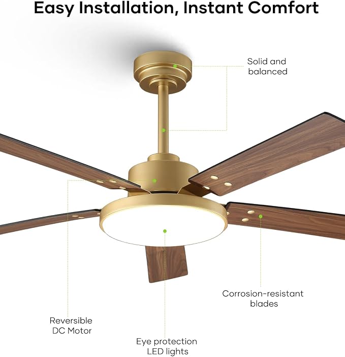 52 Inch Gold Ceiling Fans with Lights and Remote/APP, 12.2'' Large 3CCT LED Light Panel, Modern Smart Black and Gold Ceiling Fan for Bedroom Living Room, ETL Listed, 6 Speeds Quiet DC Motor