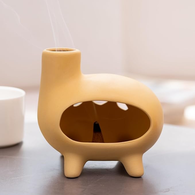 MOUGIGI Elegant Handcrafted Ceramic Palo Santo Burner-Yellow Terracotta Footed Incense Holder for Meditation,Compatible with Wood Sticks,Sage,Ash&Cones-Mini Aromatic Home Altar with Chimney Design