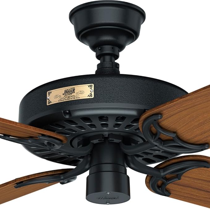 Hunter 52 inch Outdoor or Indoor Ceiling Fan No Light - Black Ceiling Fan without Light, For Patio, Porch, Garage, Living Room, Standard Mount, 5 Teak Blades, Pull Chain - Original 23863, Matte Black