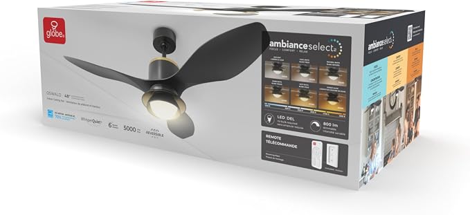 Globe Electric 27106 48" Ceiling Fan with LED Light, Remote Control, WhisperQuiet DC Motor, 6 Speeds, Black with Brass Accents, Reversable Airflow, Ceiling Fans with Lights, Ceiling Lighting