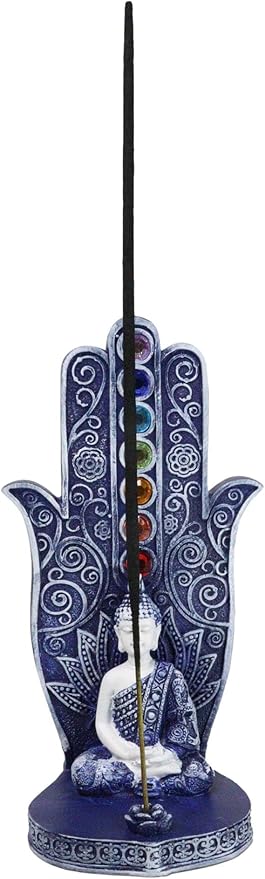 Ebros Gift Blue and White Nirvana Sacred Symbol Hamsa Palm with Buddha Gautama and Rainbow Chakra Stones Incense Stick Holder Burner Home Decor Figurine 6" H Zen Feng Shui Vastu Accent