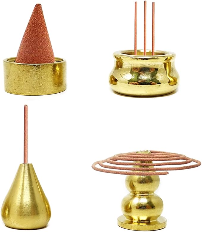 Honbay 4PCS Brass Incense Holder Incense Stick Holder Mini Incense Cone Burner Alloy Ash Catcher for Indoor Outdoor Use (4 Styles)