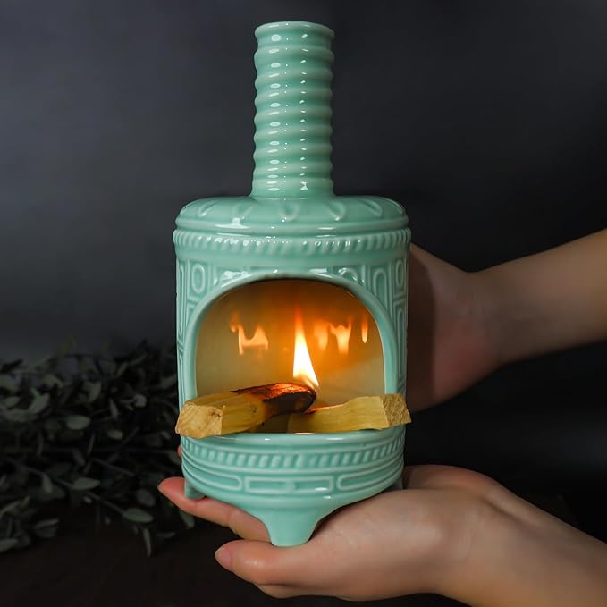 Mougigi Light Green Palo Santo Burner Holder-Mini Chiminea Smudging Bowl for Palo Santo Sticks, Sage Smudge Sticks&Cone Incense Burning–Zen Decor for Energy Cleansing Unique Gift for Friends & Family