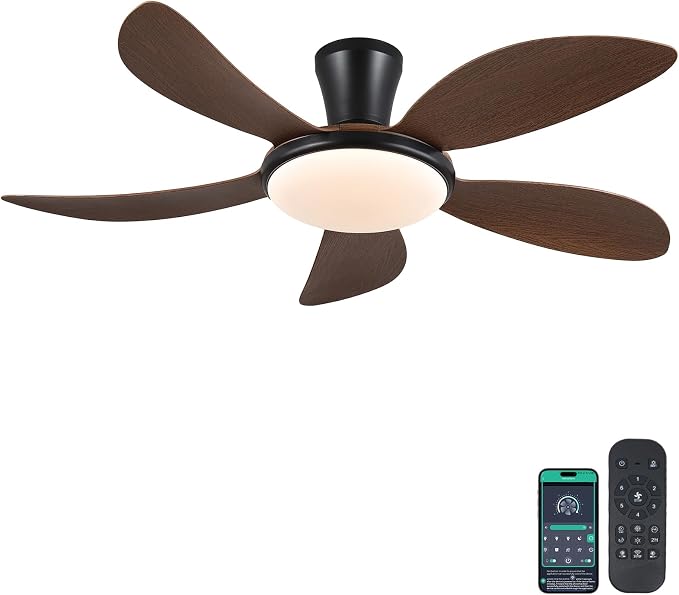 48"Brown Low Profile Flush Mount Ceiling Fans with Lights and Remote/APP | Supports Remote and APP, 6 Wind Speeds, Reversible, Dimmable 3 CCT LED, 30WNoiseless DC Motor,Timer, for Bedroom Kitchen