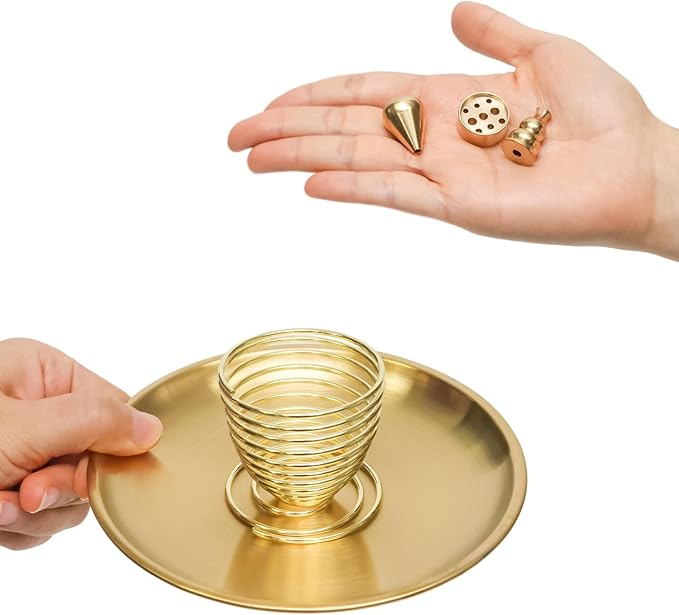 5 in 1 Incense Burner, 5.51 Inch Incense Holder Set for Incense Sticks, Coil Incense and Incense Cones, Multi-Functional, Brass Ash Catcher, Gourd-Shaped Tray（Gold）