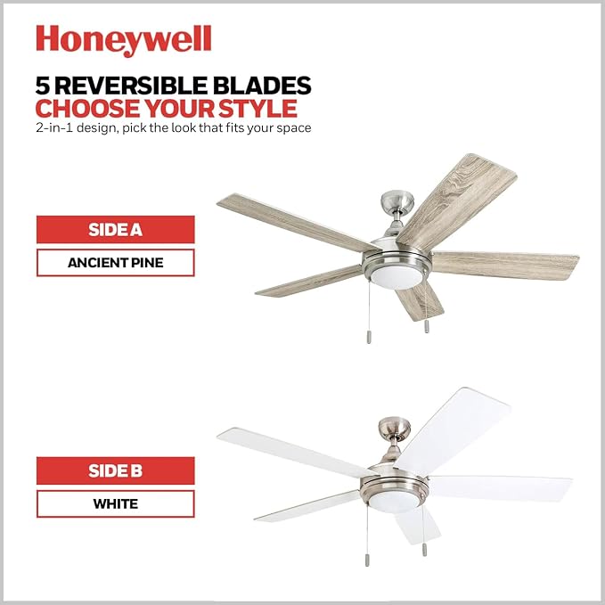 Honeywell Ceiling Fans Ventnor, 52 Inch Modern Farmhouse Indoor LED Ceiling Fan with Light, Pull Chain, Three Mounting Options, Dual Finish Blades, Reversible Motor - 50606-01 (Brushed Nickel)