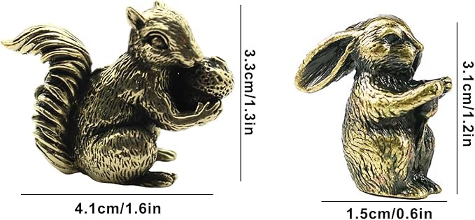 2PCS Antique Bronze Small Squirrel Rabbit Ornament Solid Copper Statue Figurines Brass Squirrels Nuts Tea Pet Incense Holder Desk Decoration
