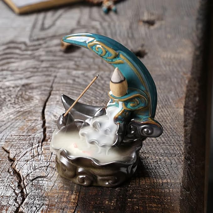 Ceramic Incense Holder Backflow Handcraft Moon Incense Burner with 30 Incense Cones 1 Tweezer 1 Mat 30 Incense Sticks for Home Decoration Ornament Aromatherapy and Meditation