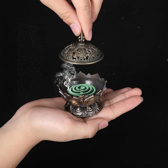 2 Pcs Small Vintage Lotus Flower Incense Holder 2.9'' x2.7'' and 1.1'' x 1'' Super Mini Classic Lotus Incense Burner with Lid Elegant Desktop Ornament for Home Office Yoga Spa Teahouse(2 Size)