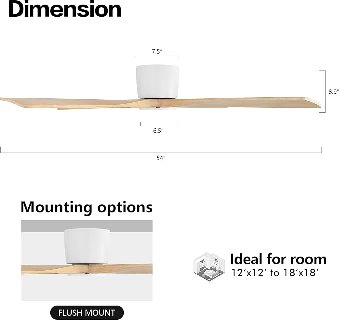 WINGBO 54 Inch Flush Mount DC Ceiling Fan without Lights, 4 Reversible Carved Wood Blades, 6-Speed Noiseless DC Motor, Hugger Ceiling Fan No Lights in White Finish with Oak Blades, ETL Listed