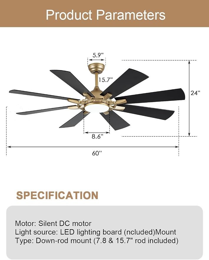 60" Black and Gold Ceiling Fan with Lights and Remote, LargeFandelier Ceiling Fan Modern Chandelier 3CCT LED Light for Living Room Indoor Porch, Reversible Quiet DC Motor 6 Speeds