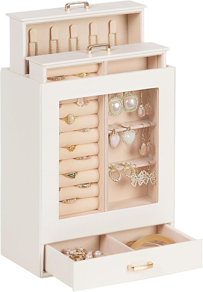 Homde Display Jewelry Box for Girls: Starter Organizer with Clear Window | Vertical Drawers for Earrings Rings Necklaces - Compact Footprint Fits Small Vanities - Birthday&Graduation Gift for Teens