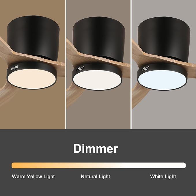 reiga 52" Natural Wood Flush Mount Ceiling Fan with Light, Quiet DC Motor | 3 solid wood blades, reversible silent motor; dimmable 3CCT LED light, remote timer for bedroom & mid-century indoor spaces