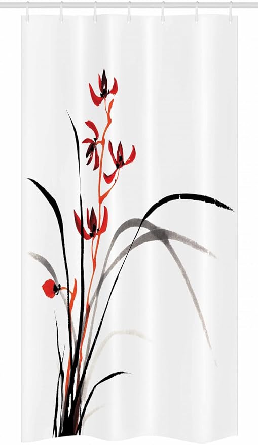 Ambesonne Japanese Stall Shower Curtain, Classic Cultural Chinese Ink Paint of Native Wild Orchids Reflexive Birches, Fabric Bathroom Decor Set with Hooks, 36" W x 72" L, Orange Black