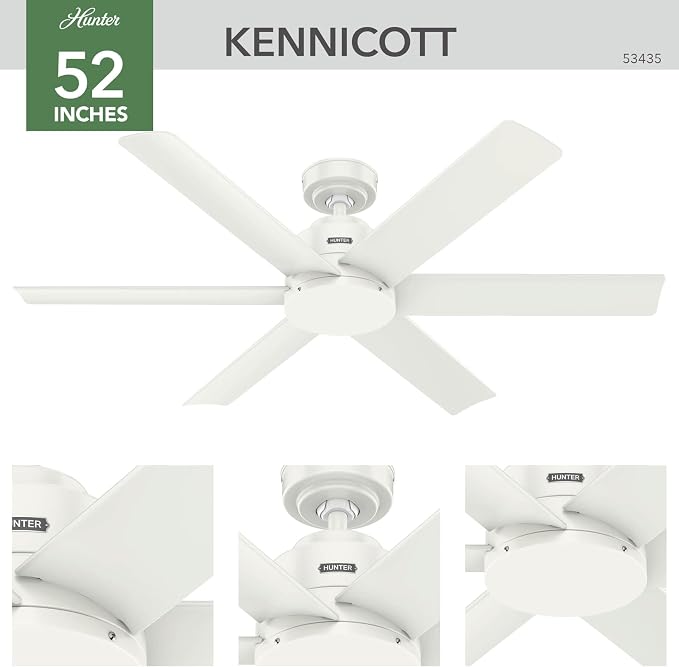 Hunter 52" Kennicott Indoor/Outdoor Ceiling Fan, Wall Control, Fresh White | SureSpeed high velocity airflow and no-light design suit covered patios, porches, bedrooms, or living rooms with easy setup.