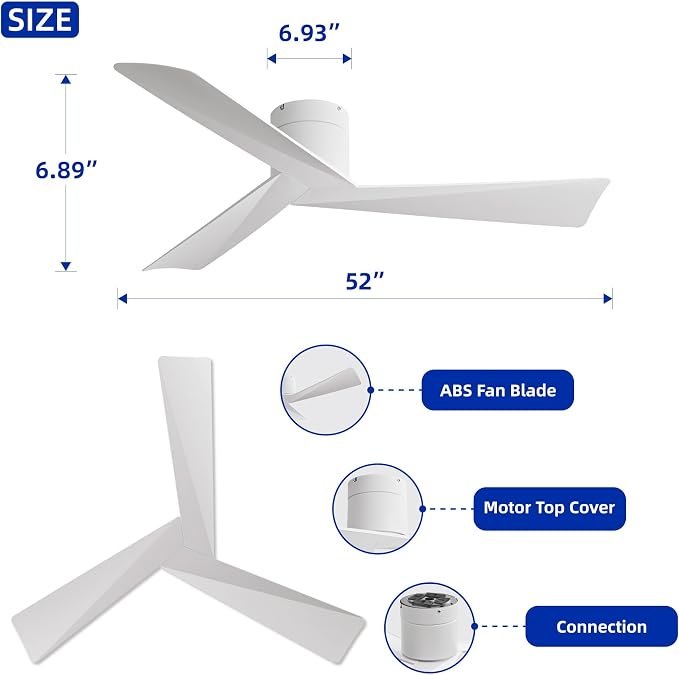 52 Inch White Flush Mount Ceiling Fan with Remote, No Light | Modern low-profile, heat-resistant ABS blades, quiet reversible 6-speed DC motor for balcony, living room, bedroom