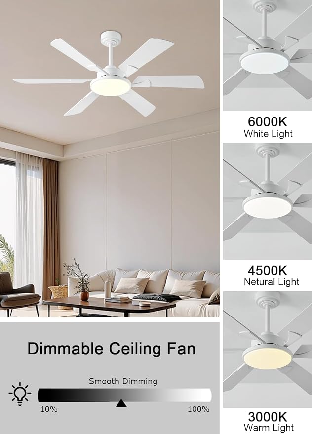 JSAITEE 52 Inch Low Profile Ceiling Fan with Lights, Remote & APP Control, 3CCT Dimmable, 6 Blades 6 Speed Ceiling Fans, Quiet Reversible DC Motor, Modern White Ceiling Fan for Bedroom Living Room