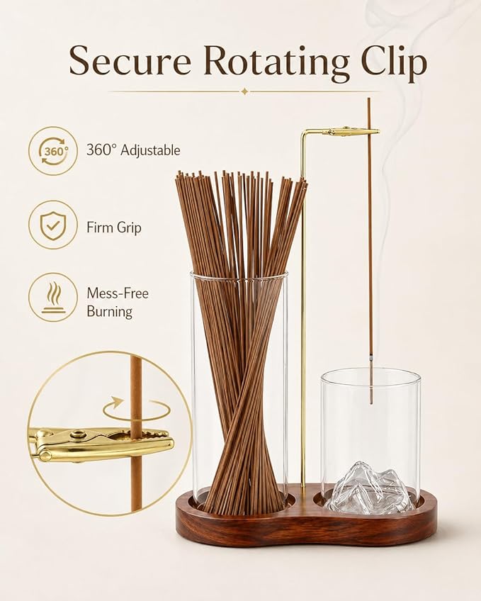 2-in-1 Walnut Wood Glass Incense Holder for Sticks, Anti-Ash Flying Incense Burner with Glass Ash Catcher & Incense Storage, Incense Stick Holder for Meditation, Yoga, Spa, and Home Decor