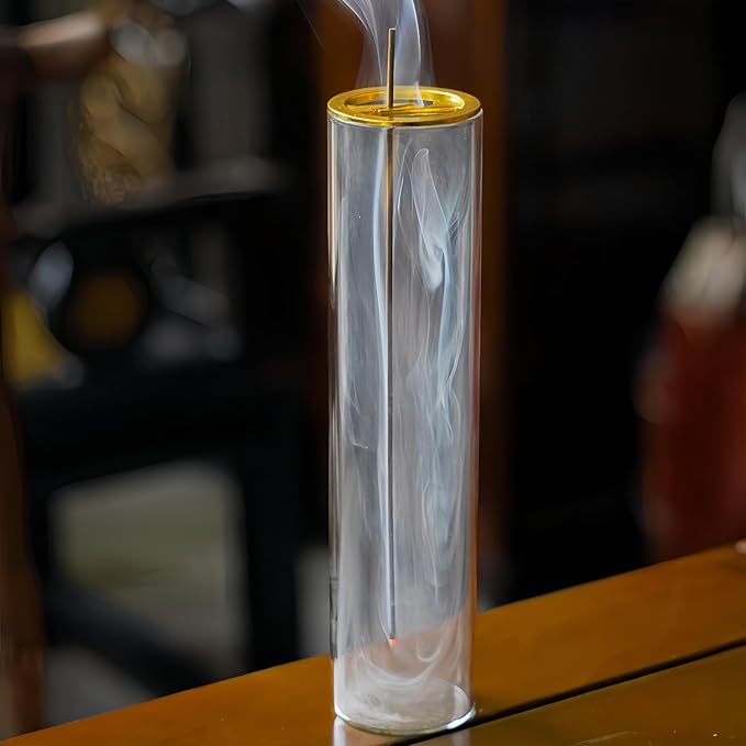 Glass Incense Holder,Incense Burner for Sticks with Ash Catcher- Anti-Ash Mess-Free, for Meditation, Yoga, Spa, Home Decor & Gift (Golden Clamp)