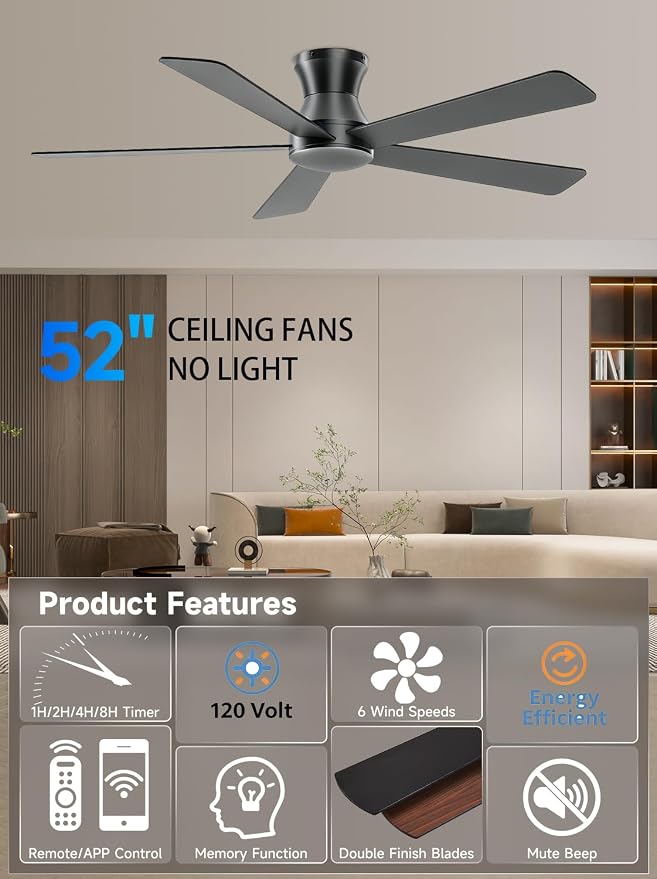 Carrefour 48 Inch Ceiling Fan No Light, Black Low Profile Flush Mount Ceiling Fan Without Light, 6-Speed Reversible, Remote & App Control, Covered Outdoor Ceiling Fans for Patio Living Room Bedroom