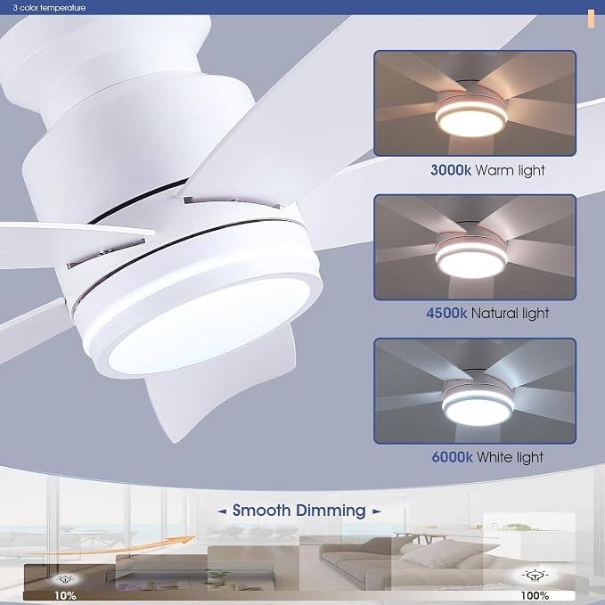 Wiviniya Ceiling Fans with Lights and Remote Control, 41 inch Low Profile Flush Mount Ceiling Fan, 3 CCT LED Dimmable Lights 5 Reversible Plastic Blades 6 Speeds for Bedroom Living Room, White