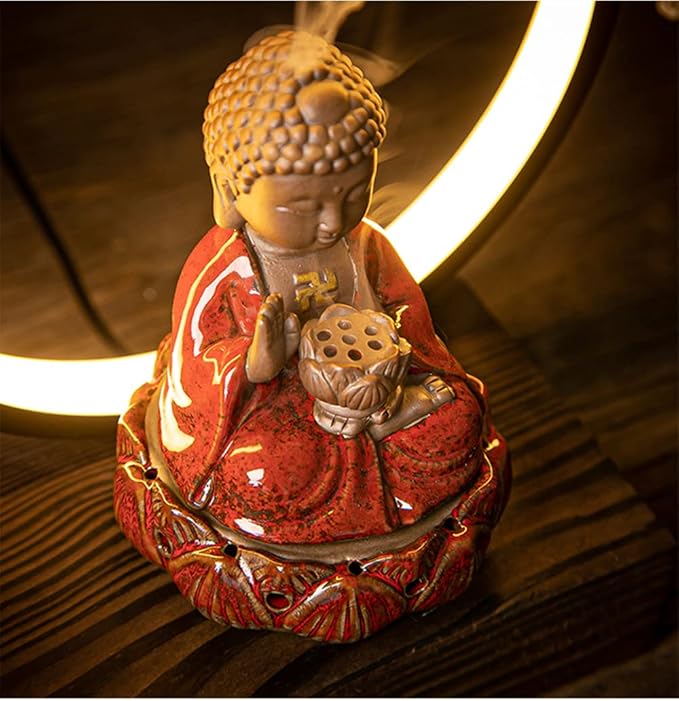 Ceramic Buddha Incense Burner Waterfall Chinese Backflow Incense Burner Holder with LED Light Incense Cones for Home Office Decor (Red)