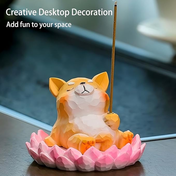 Dog Lotus Incense Holder Cute Shiba Inu Animal Figurine Incense Burner Flower Stand Ash Catcher Creative Cartoon Resin Dog Statue for Home Room Decor Meditation Yoga Spa