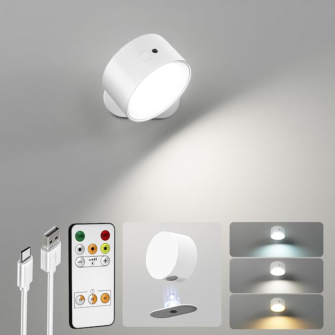 LED Wall Mounted Lights, Rechargeable Wall Sconces, 3 Color Temps, Remote & Touch, 360° Rotating and Dimmable for Bedroom, Bedside & Reading (White, 1 Pack)