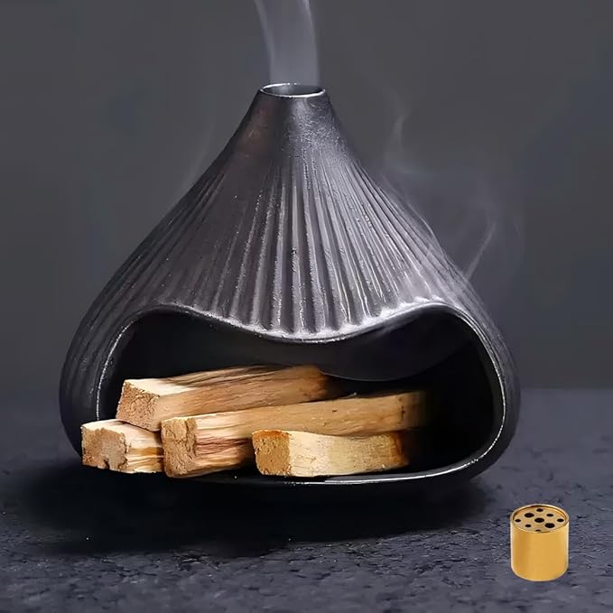Ceramic Incense Holder, Mini Palo Santo Burner Chimney for Palo Santo Sticks, Cone Incense and Sage Smudging, Handmade Cone Incense Holder Burner for Yoga, Meditation, and Energy Cleansing (Black 01)