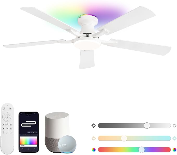 ZMISHIBO 52 Inch Ceiling Fan with RGB Lights, Low Profile Flush Mount with Alexa/App/Remote, Dimmable 20W LED Light, White Modern for Living Room, Bedroom, Game Room