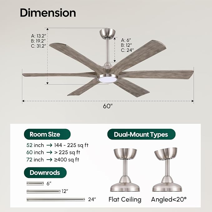 60 Inch Smart Outdoor Ceiling Fan with Light, Modern Farmhouse Style, Works with Alexa/App/Remote, 6 Gray Solid Wood Blades, Damp Rated Quiet DC Motor for Patios, Covered Porches & Indoor Bedrooms