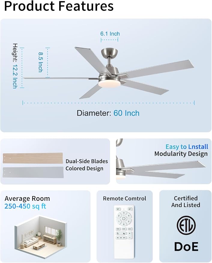 Rayqueen 60Inch Brushed Nickel Ceiling Fans with Lights and Remote,Downrod | 6 Speed Reversible DC motor,3-color temperature dimmable LED.For indoor/covered outdoor.Modern style for bedroom room