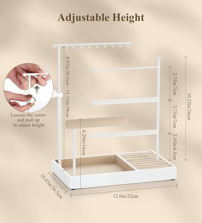 Emibele Jewelry Necklace Holder, 5 Tier Jewelry Organizers and Storage | Earring Bracelet Holder, Jewelry Display with Metal Frame Velvet Ring Tray, Aesthetic Jewelry Stand Gifts for Women, White